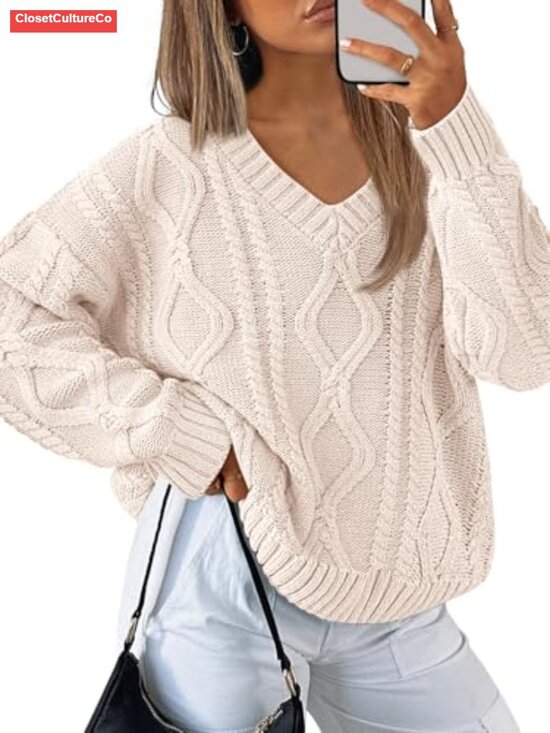 Sweaters - Womens V Neck Cable Knit Oversized Pullover Sweater Cotton Acrylic